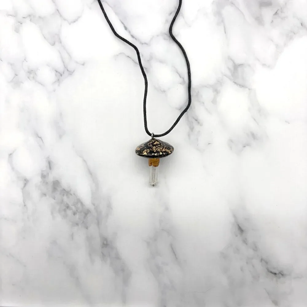 Black Mushroom Necklace with Quartz Crystal | Gold Leaf Polymer Clay Pendant